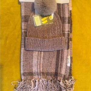 Nine West Brown Plaid Scarf and Hat Set